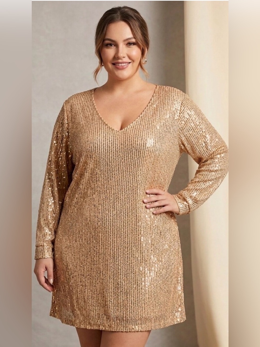 Gold Sequin V-Neck Long Sleeve Trapeze Formal Weddings Lined plus sz 4X Dress